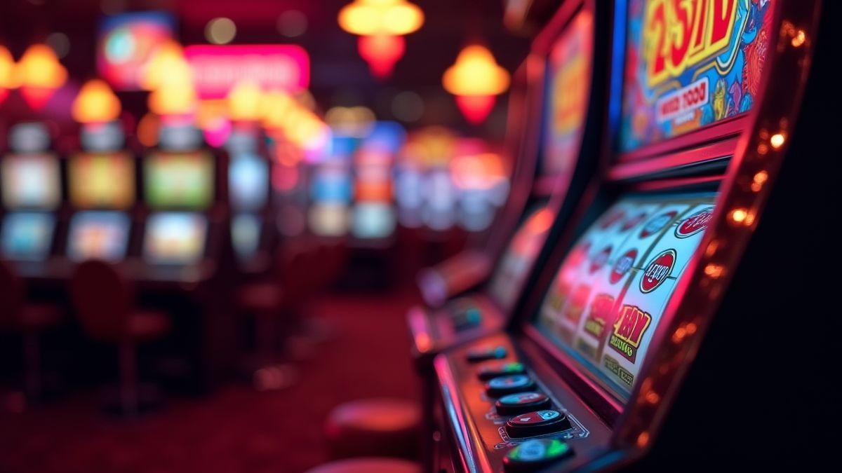 Scène de casino rétro avec lumières néon et une machine à sous au premier plan.