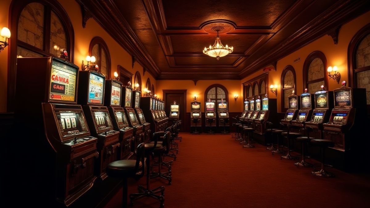 Innenraum eines klassischen Casinos mit alten Spielautomaten.