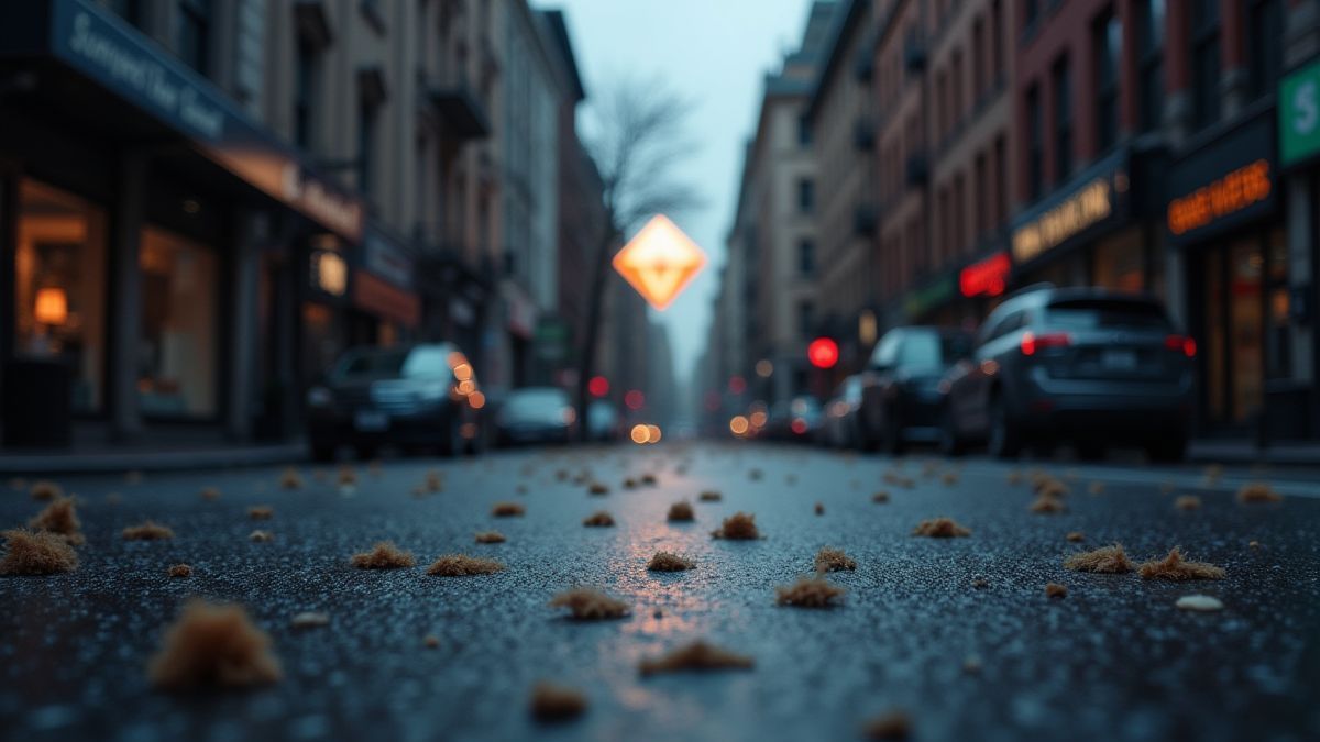 Uma rua da cidade com pegadas de patas e um diamante brilhante.
