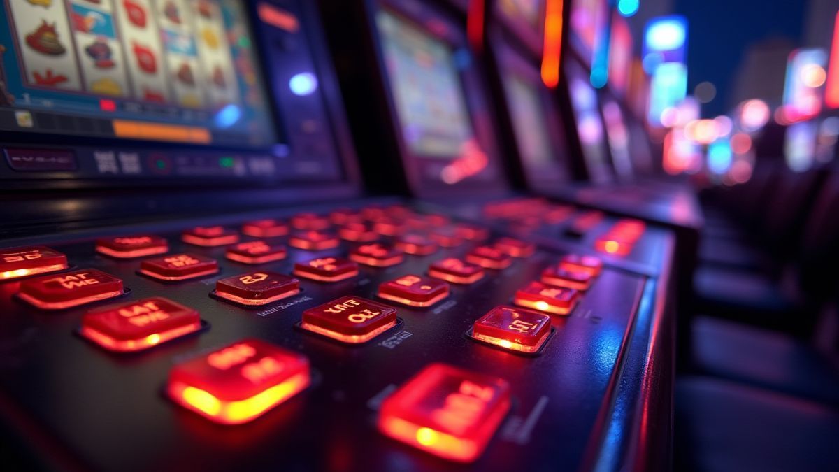 Painel de controle iluminado de uma máquina caça-níqueis em uma cidade vibrante.