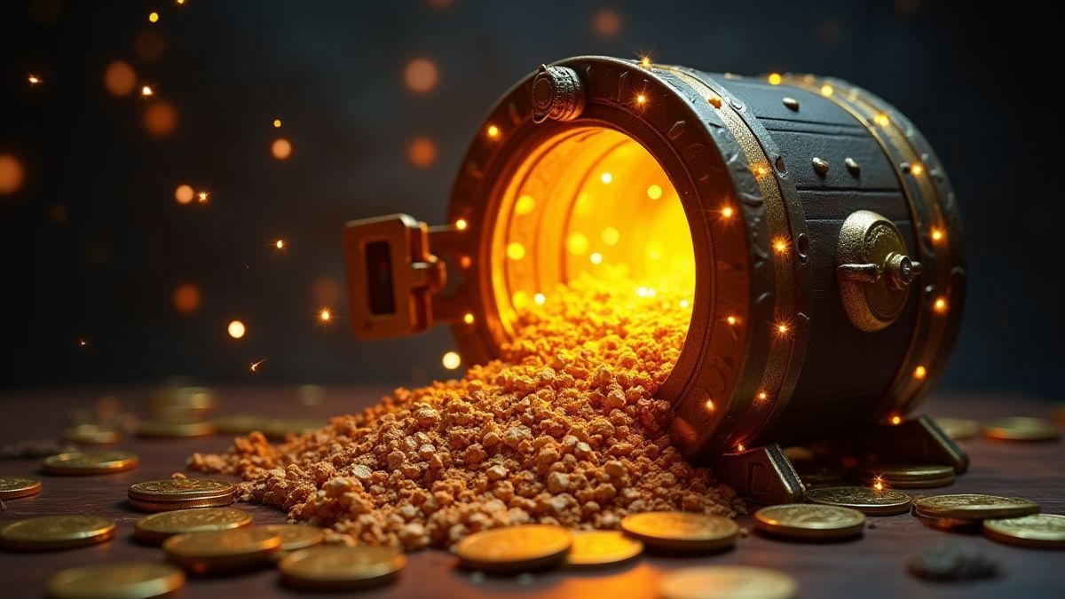 Uma câmara de tesouro brilhante com moedas espalhadas.