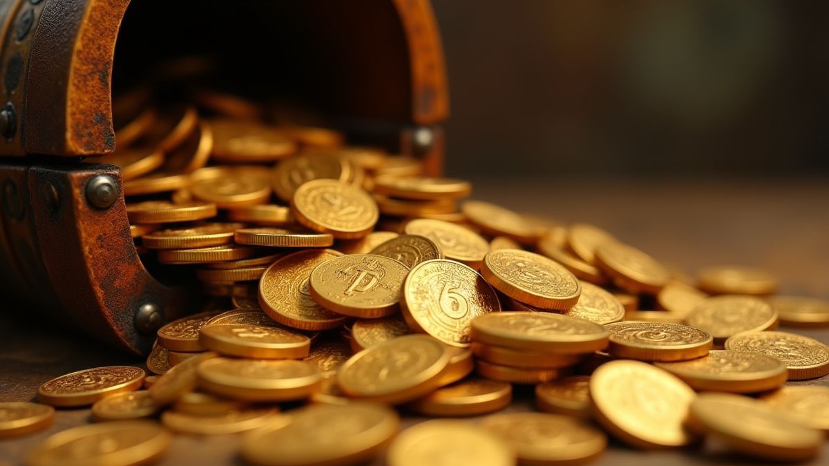 Goldmünzen und Schätze, die aus einer alten Truhe fallen.