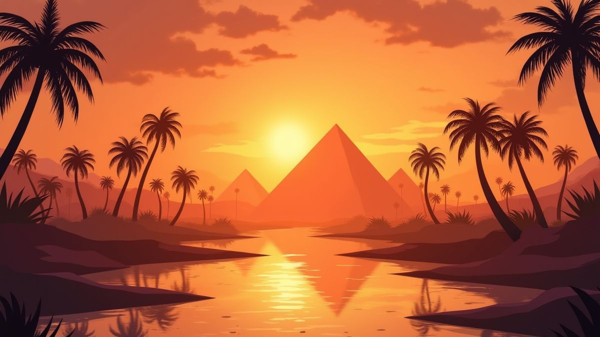 Nile river with palm trees and pyramids at sunset