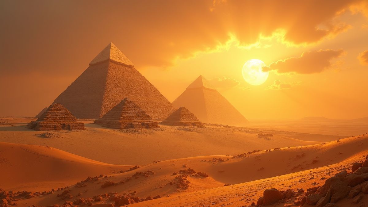 Wüstenlandschaft mit Pyramiden und Hieroglyphen des alten Ägypten.