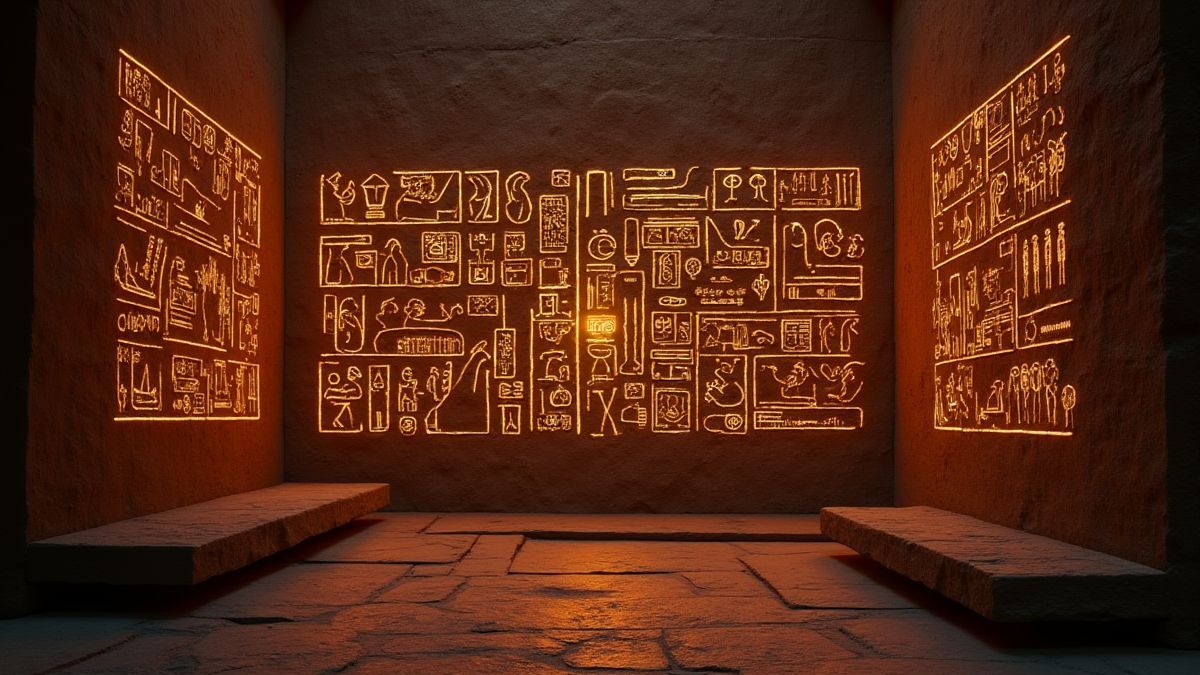 Hieroglyphen des alten Ägypten, die an einer Steinsäule leuchten.