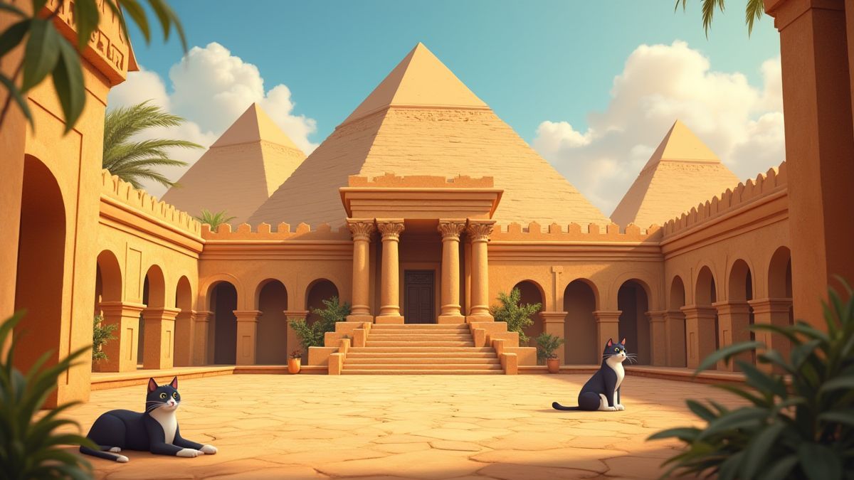 Ein animierter ägyptischer Palast umgeben von Pyramiden und Katzen, die im Innenhof entspannen.