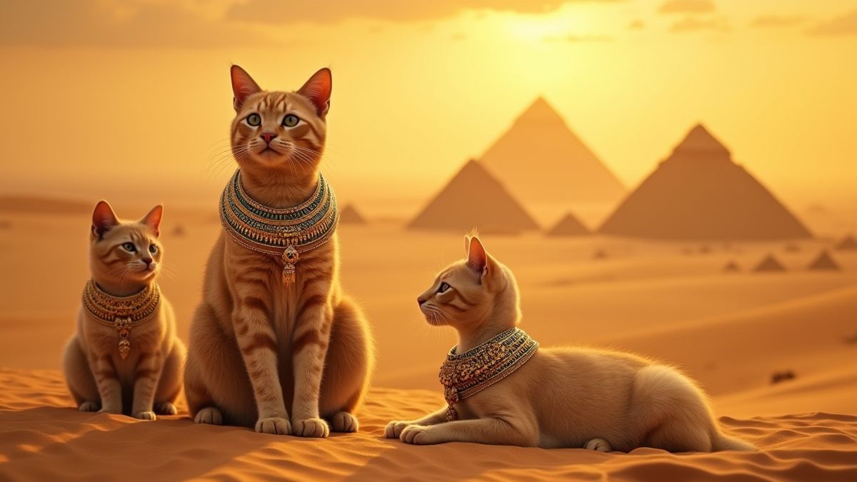 Goldene Wüstenlandschaft mit Pyramiden und Katzen, die ägyptischen Schmuck tragen.
