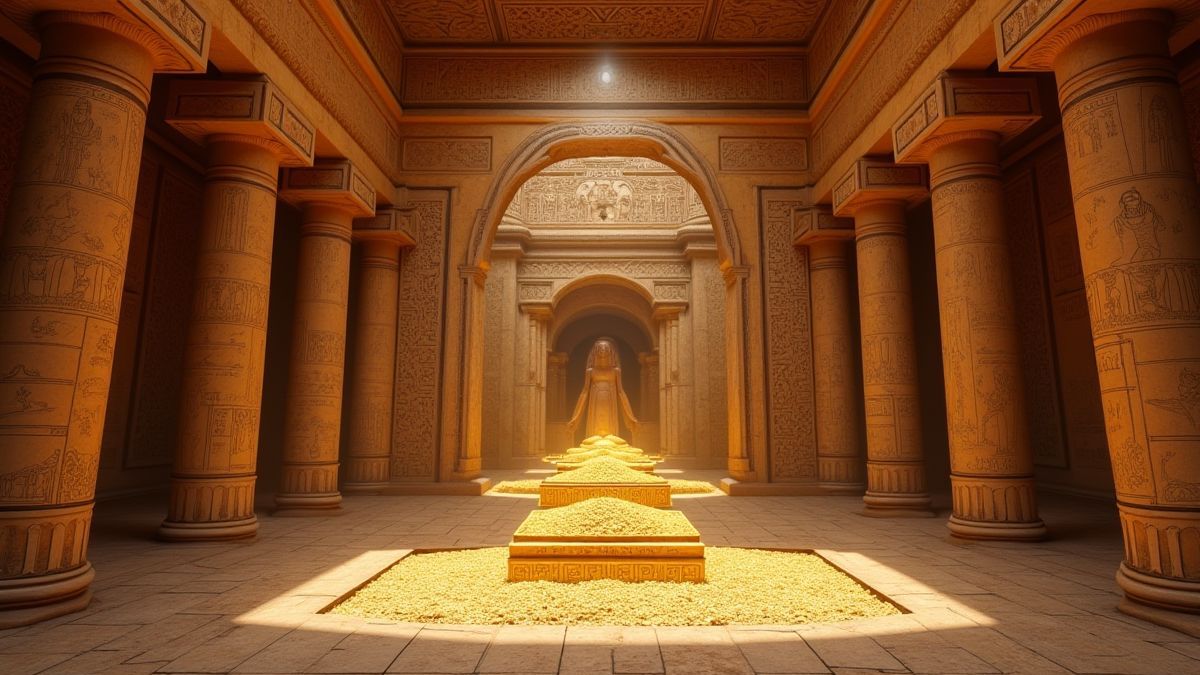 Interior de un palacio egipcio lleno de tesoros dorados.