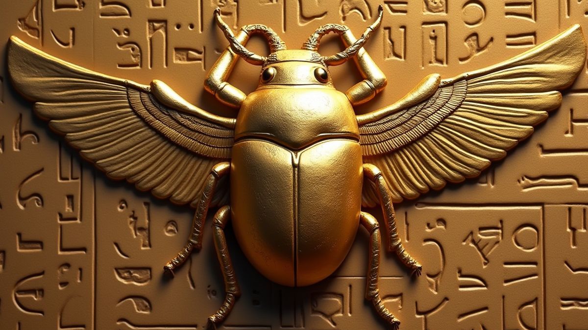 Escarabajo dorado rodeado de jeroglíficos egipcios.