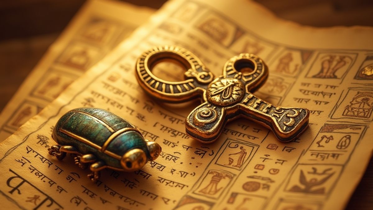 Ägyptische Symbole wie ein Ankh und Käfer auf goldenen Schriftrollen.
