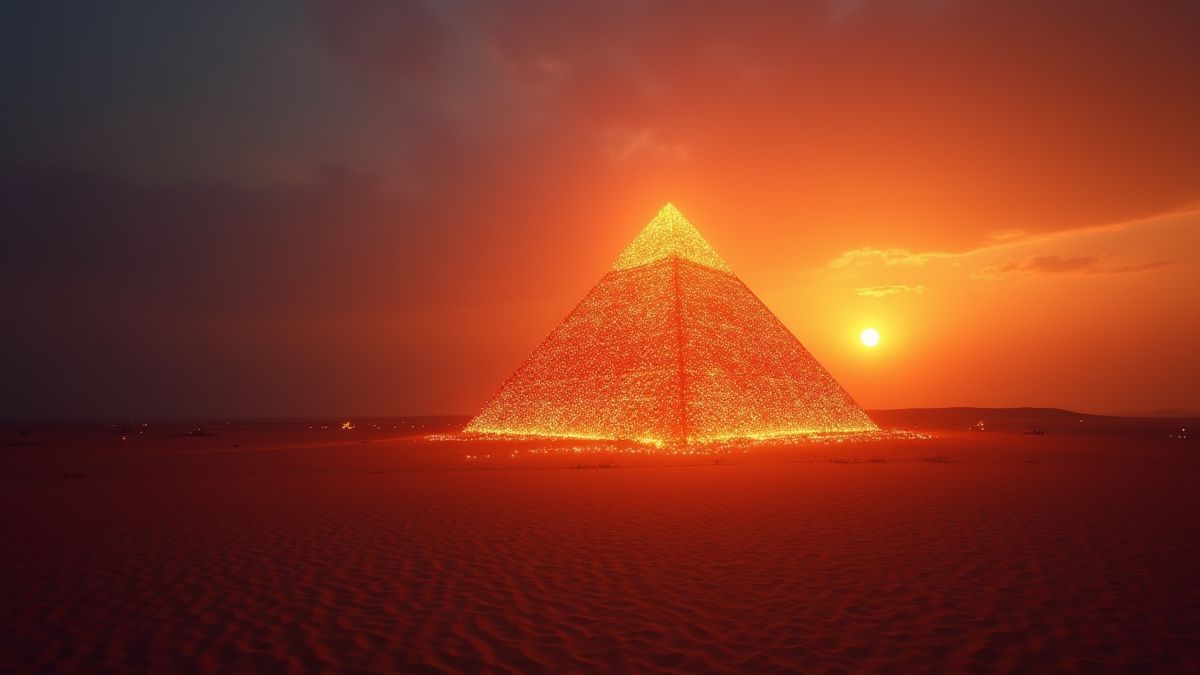 Eine leuchtende Pyramide in einer Wüste bei Sonnenuntergang.
