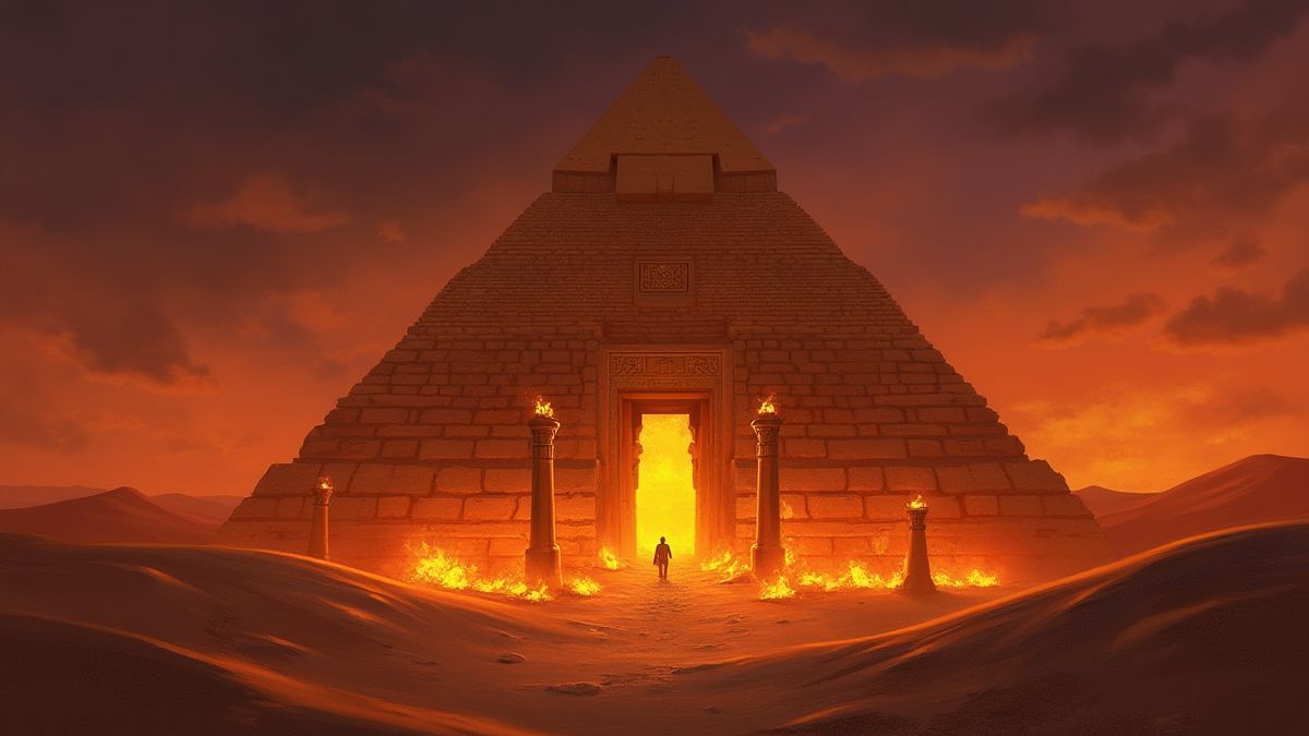An Egyptian temple illuminated by torches.