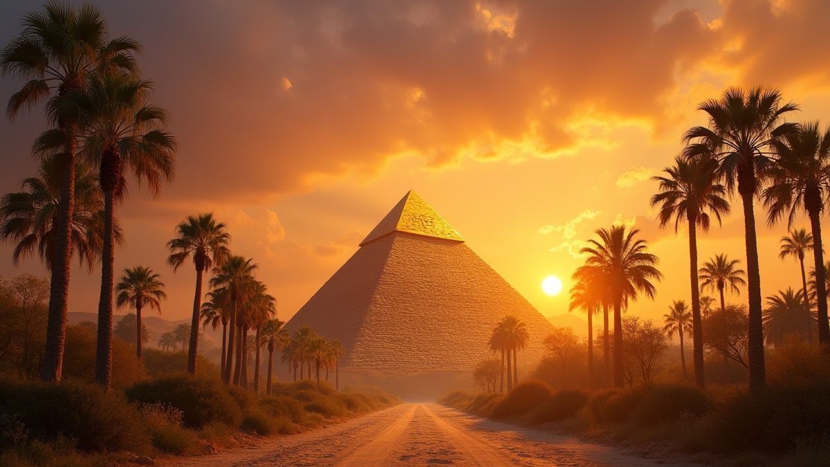 Pyramide dorée entourée de palmiers au coucher du soleil.