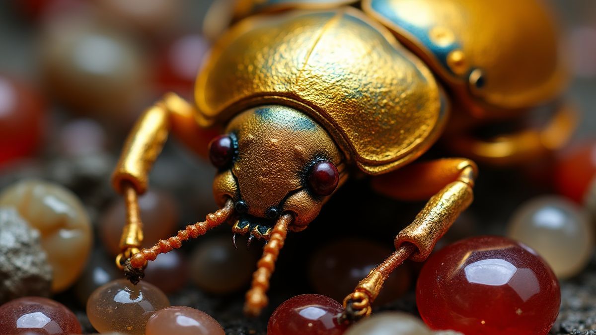 Scarabe doré entouré de bijoux.