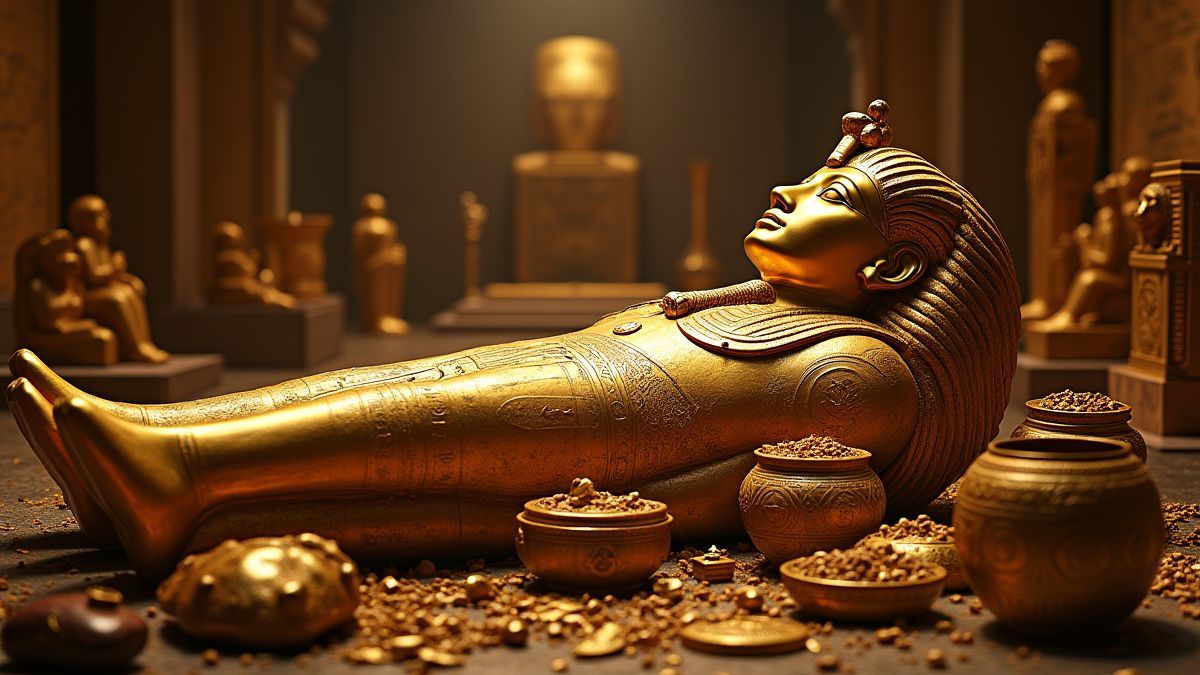 Un sarcófago dorado rodeado de tesoros y artefactos egipcios.