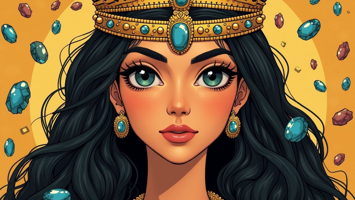 Cleopatra con una corona dorada y rodeada de joyas.