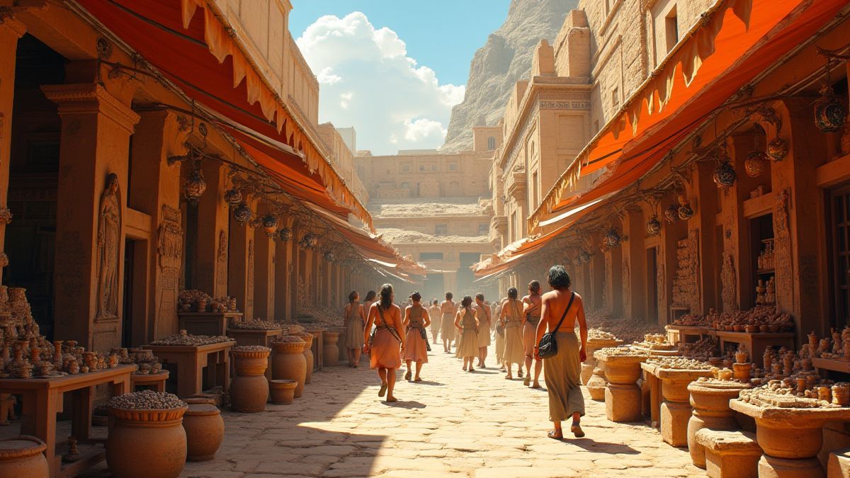 Mercado egipcio lleno de colores vibrantes y artefactos antiguos.