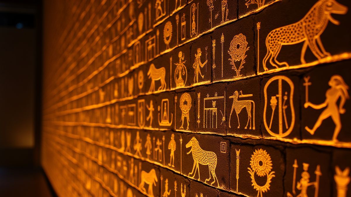 Gouden Egyptische hiërogliefen die op een stenen muur stralen.