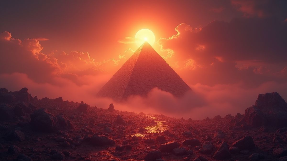 Piramide die schittert bij zonsondergang met mystieke energie eromheen.