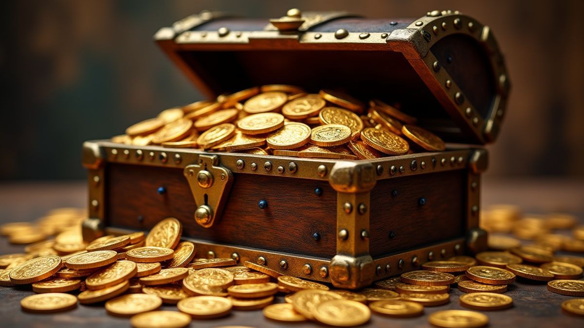 Een schatkist vol met gouden munten en juwelen.