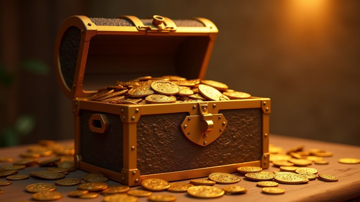 Cofre do tesouro cheio de moedas de ouro e artefatos egípcios antigos.