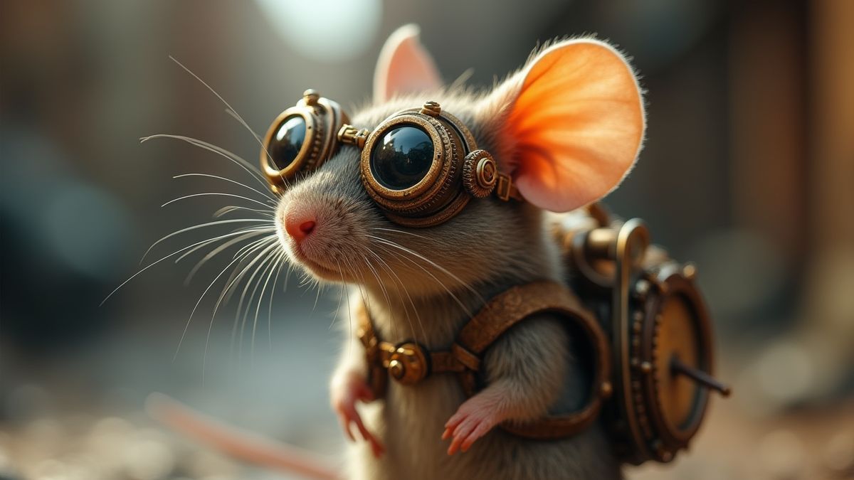 Steampunk muis met een bril en een mechanische rugzak.