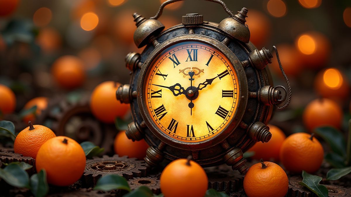 Um relógio steampunk rodeado de laranjas brilhantes e engrenagens.