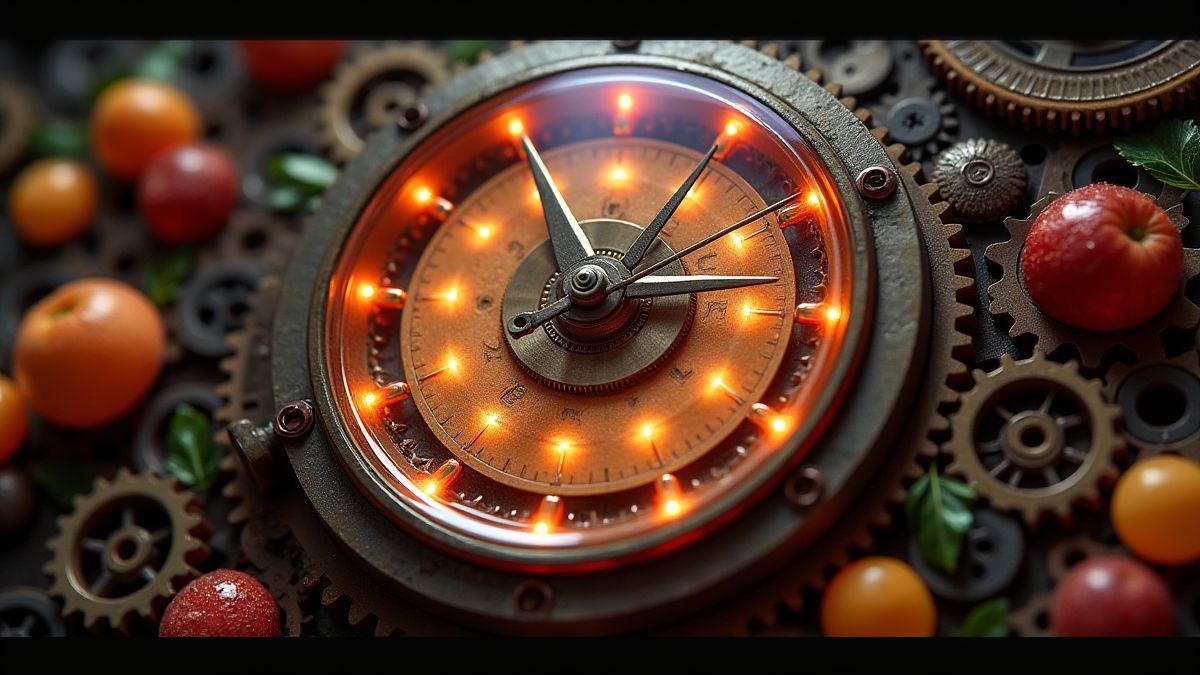 Um relógio mecânico brilhante com ponteiros giratórios rodeado de engrenagens e ícones de frutas.