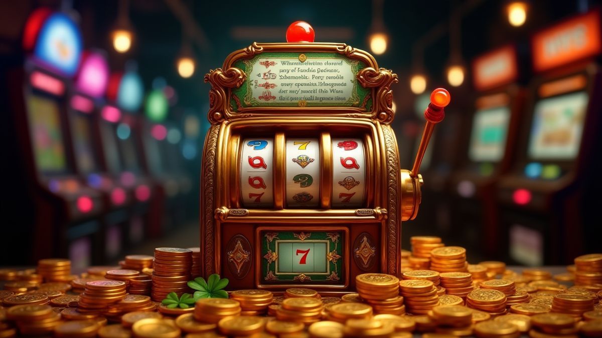 Retro slot machine with glowing coins and clovers
