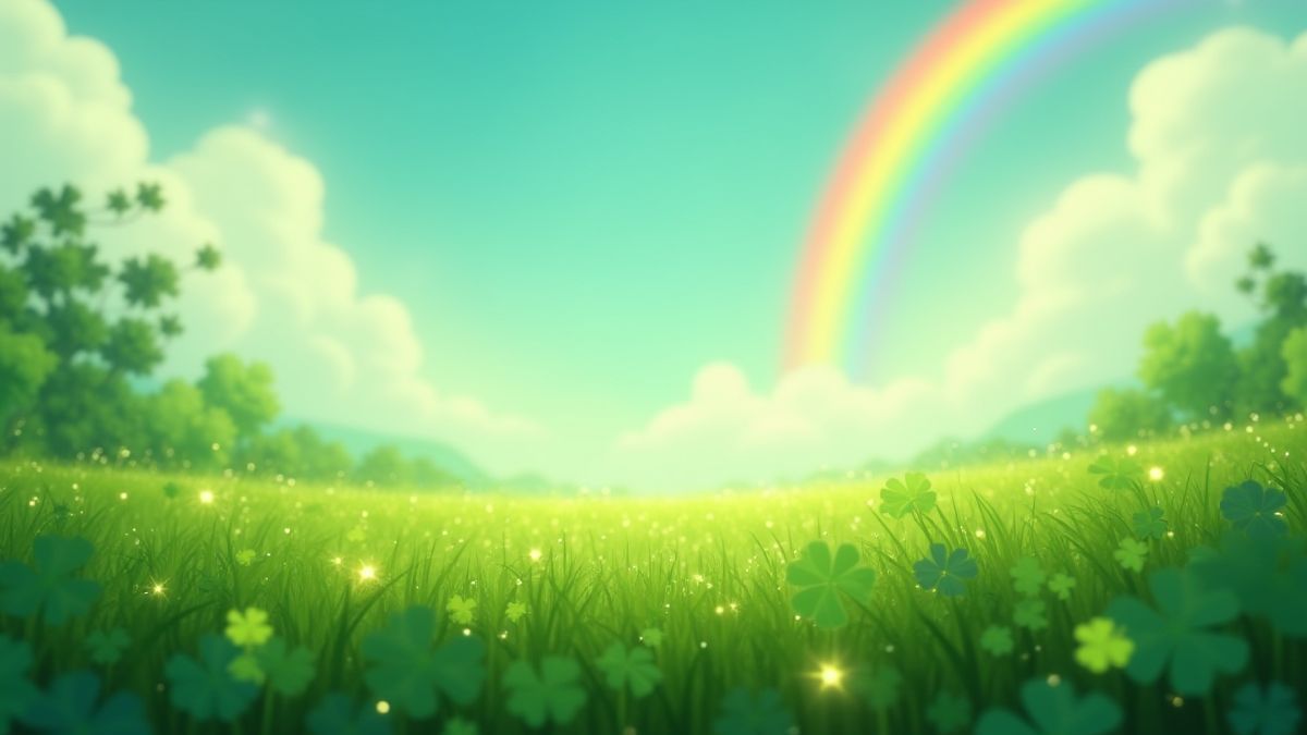 Animated Irish meadow with sparkling clovers and a rainbow