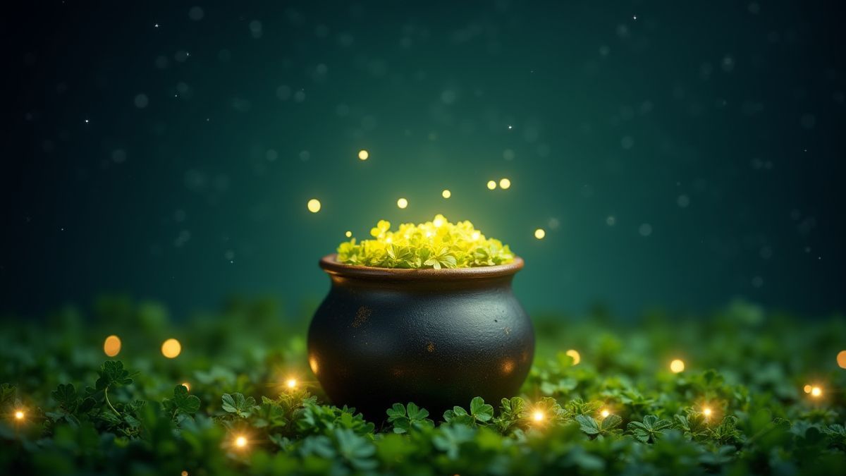 Pot of gold surrounded by glowing clovers under a starry sky