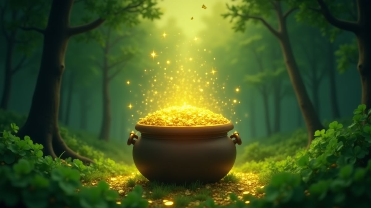 Un caldero lleno de oro rodeado de tréboles en un bosque irlandés.