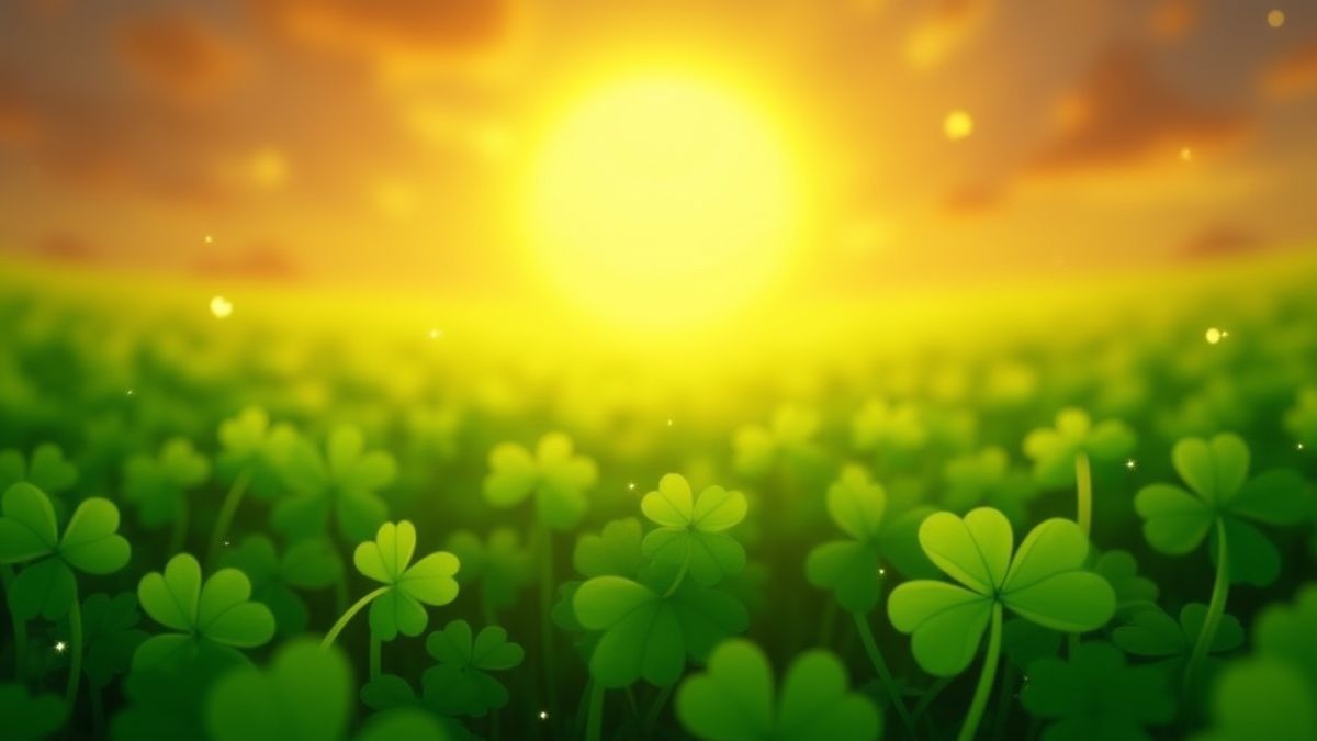 Campo de tréboles verdes bajo un atardecer dorado.