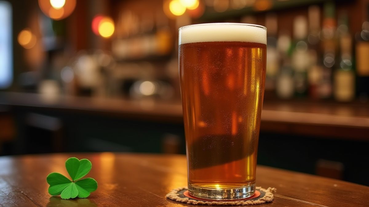 Een pubscene met een pint bier en een gelukkige klaver op de tafel