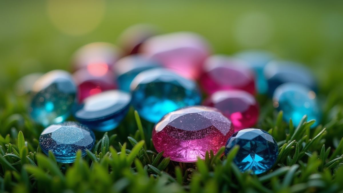 Gemas preciosas brillando sobre césped verde.