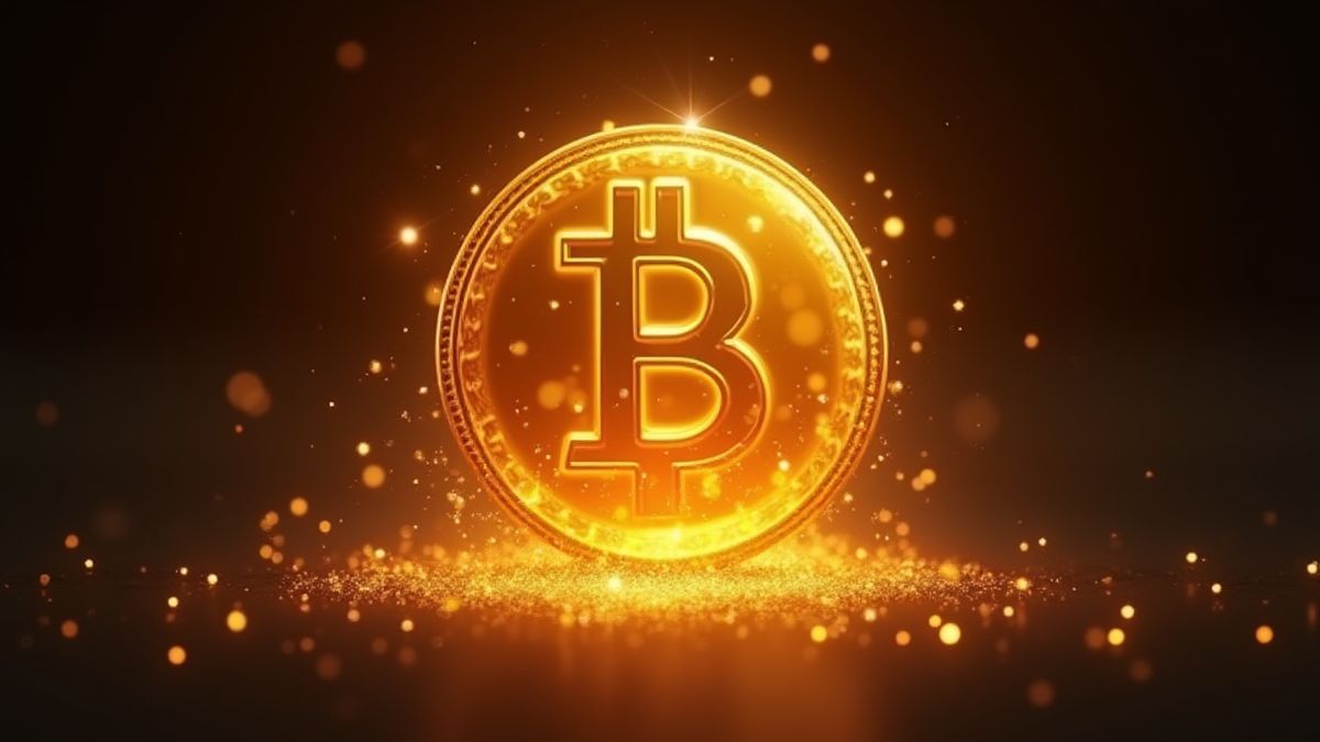 Moneda dorada brillante rodeada de efectos luminosos.