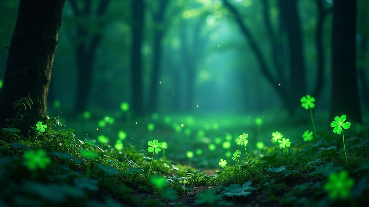 Un bosque mágico lleno de tréboles luminosos y luces brillantes.
