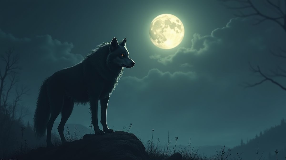 Un lobo místico de pie bajo una luna brillante.
