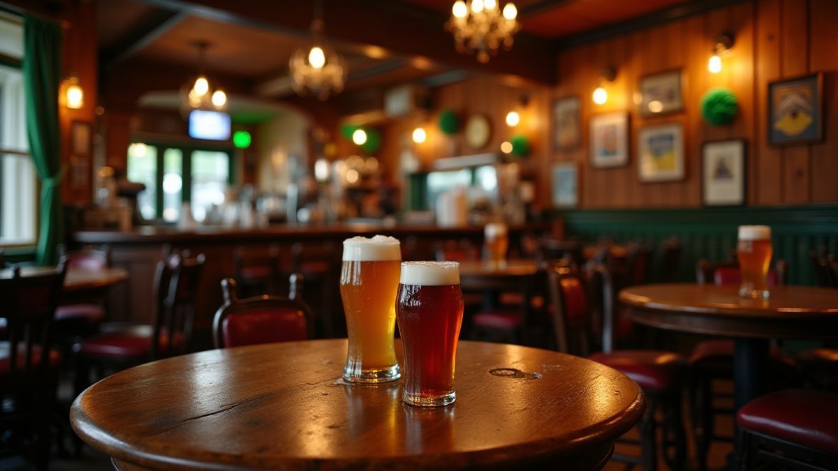 Um pub irlandês alegre com cervejas e trevos decorativos.