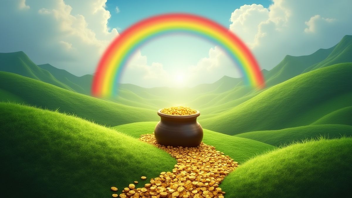 Uma panela de ouro no final de um arco-íris em colinas verdes.