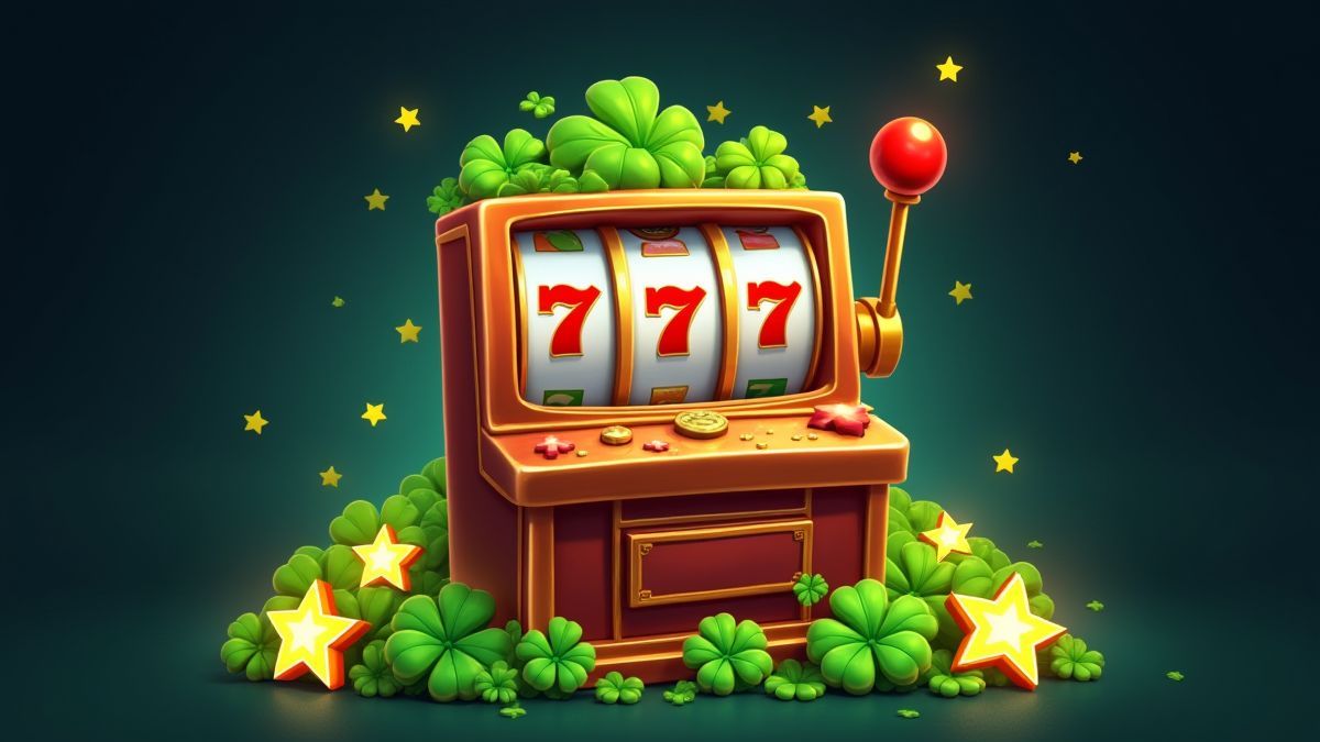 Máquina tragamonedas retro con tréboles y estrellas brillantes