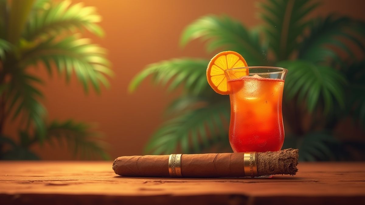 Eine kubanische Zigarre neben einem tropischen Cocktail auf einem Holztisch.