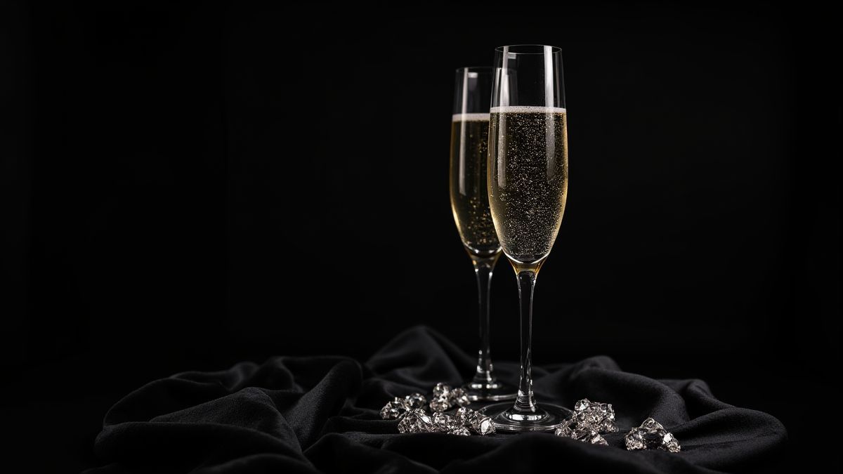Taças de champanhe e diamantes sobre veludo preto.