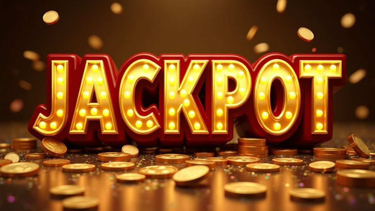Uma placa de jackpot dourada cercada por moedas e confete.