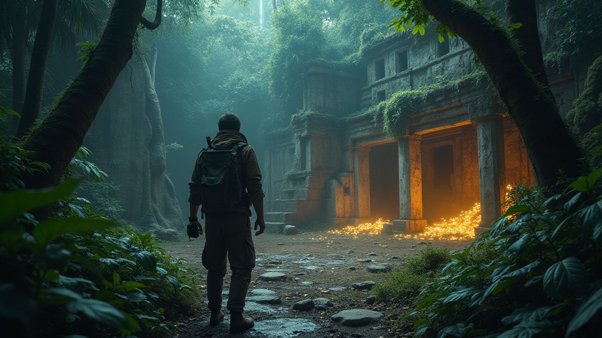Un aventurero explorando ruinas antiguas con tesoros brillantes.