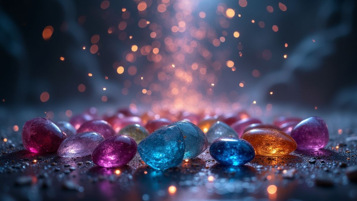 Gemas cayendo en cascada en una cuadrícula mística.