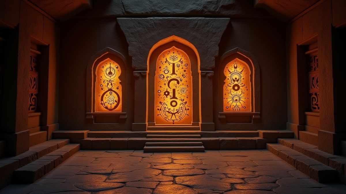 Grabados antiguos y símbolos místicos en un templo iluminado tenuemente.