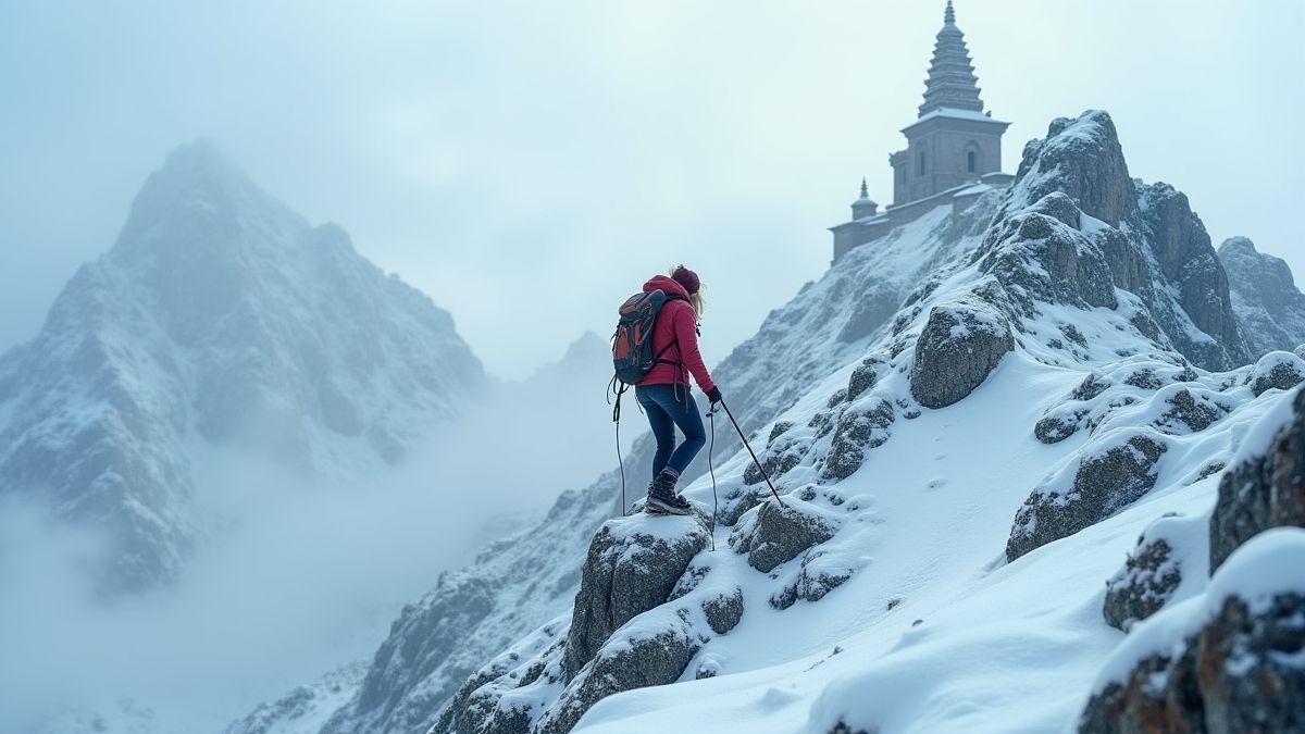 Explorer in the Himalayas in front of a temple.