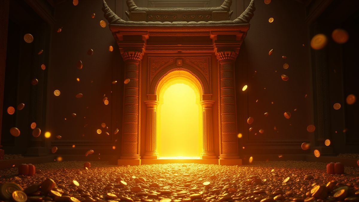 Temple entrance with golden coins and mystical lights.