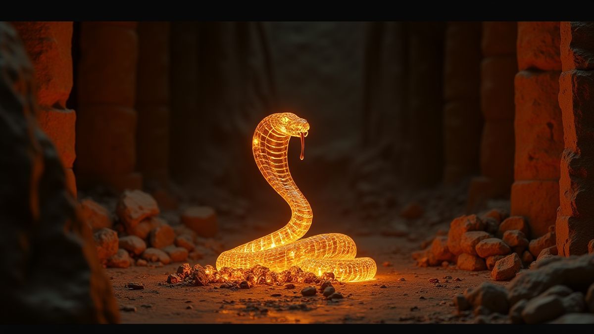 Glowing cobra statue surrounded by treasures in an Egyptian tomb.